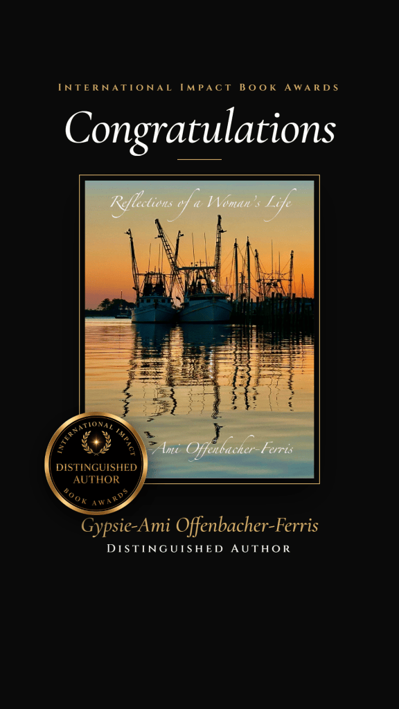 Award certificate design for 'Reflections of a Woman's Life' by Gypsie-Ami Offenbacher-Ferris, featuring boats and a sunset background.