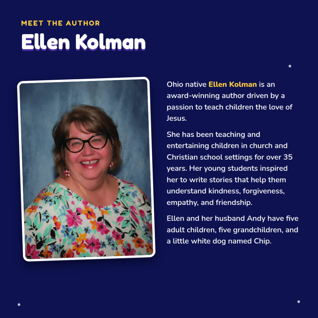 A portrait of Ellen Kolman, an award-winning author from Ohio, wearing glasses and a floral shirt. The background is a light blue, and she is smiling at the camera.