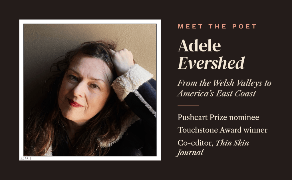 Portrait of Adele Evershed, a poet with long hair, wearing a cozy jacket, and looking thoughtfully at the camera, accompanied by a text introduction highlighting her background and achievements.