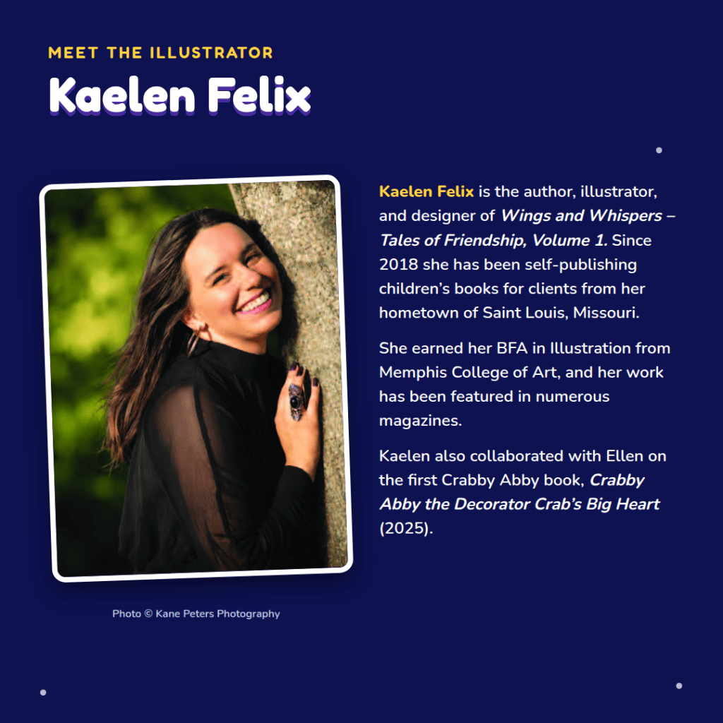 Portrait of Kaelen Felix, an author and illustrator, smiling in a black outfit against a blurred green background. She is featured in a section highlighting her work in children's books.