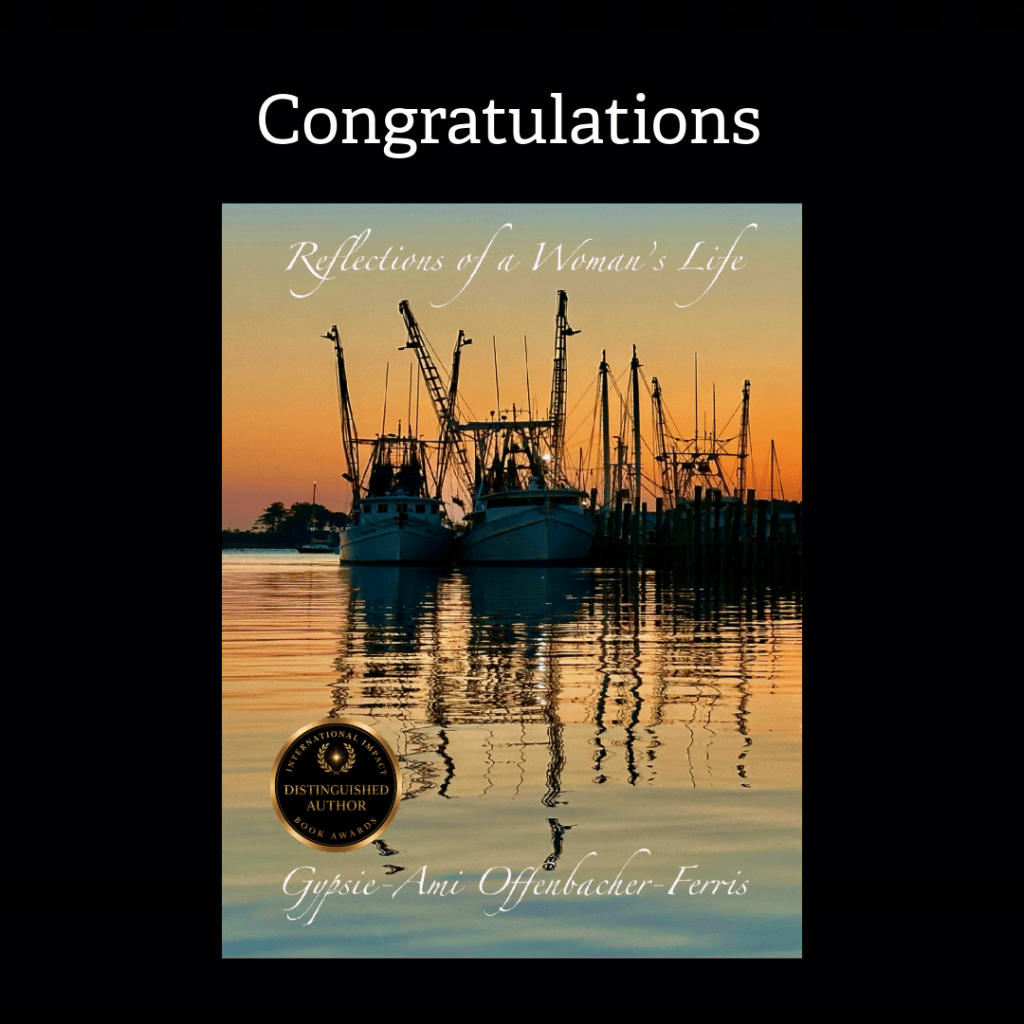 A serene sunset image featuring fishing boats reflecting on water, with the text 'Congratulations' above and 'Reflections of a Woman's Life' along with the author's name at the bottom.