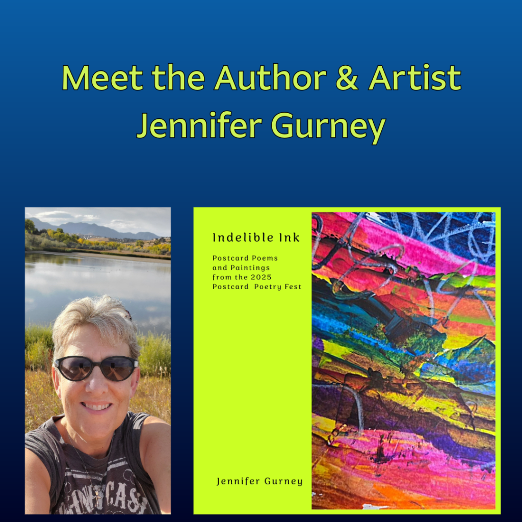 A selfie of Jennifer Gurney by a lake surrounded by trees and mountains, next to the cover of her book 'Indelible Ink' featuring colorful abstract art.